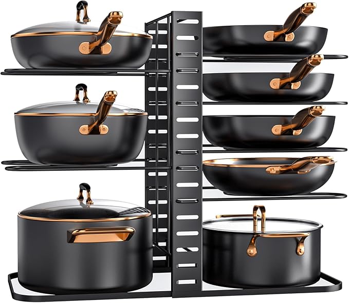 MUDEELA Pots and Pans Organizer : Rack under Cabinet, 8-Tier Kitchen Cabinet Organizers and Storage, Light-Duty Adjustable Pot Racks, Pan Organizers inside Cabinet with 3 DIY Methods
