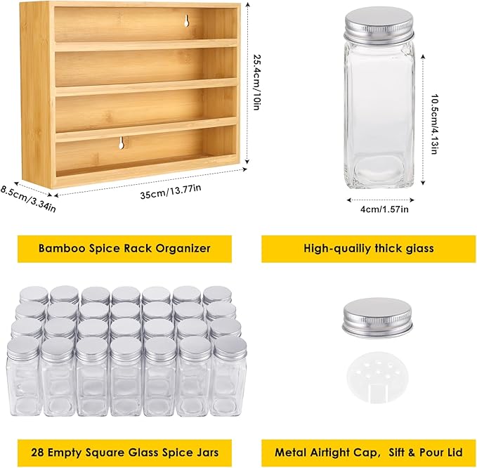 Bamboo Spice Rack Organizer With 28 Spice Jars, 780 Labels, 4 Tier Wood Hanging Shelf, Chalk Marker and Funnel Set for Drawer Cabinet Kitchen Countertop Wall Mount, Empty 4 oz Glass Jar & Shaker Lids