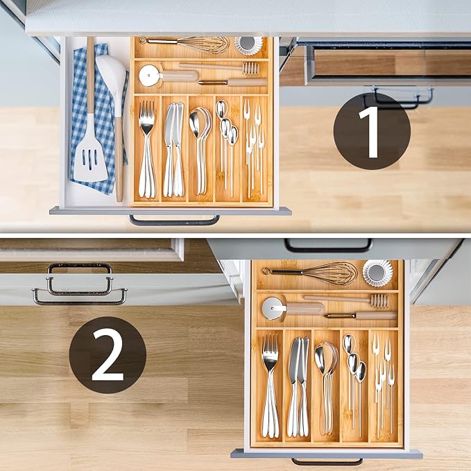 Flatware Organizer Silverware Drawer Organizer - 7 Slots Bamboo Cutlery Tray Multipurpose kitchen Drawer Organizer for Silverware, Utensils, Cutlery, Flatware, Knives W13”x L17” (Yellow)