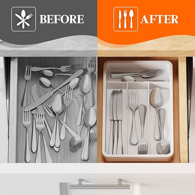 Lifewit Silverware Tray, Cutlery Drawer Organizer Storage for Kitchen, Plastic Flatware Utensil Holder Divider for Spoons Forks Knives Tableware, 4 Compartment, White