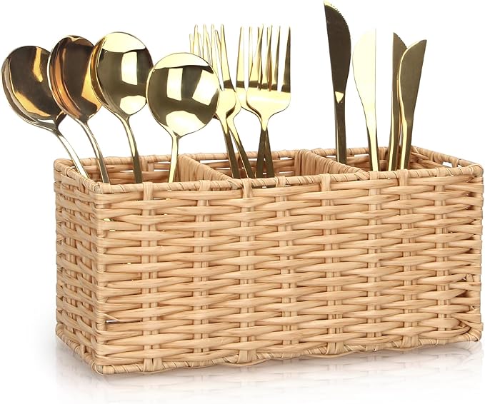 Ayiaren Wicker Flatware Silverware Caddies Cutlery Holder Best Kitchen Silverware Organizer Storage for Countertop Silverware Utensils Holder Party Spoon Knives Fork Holder Flatware Utensil Caddy