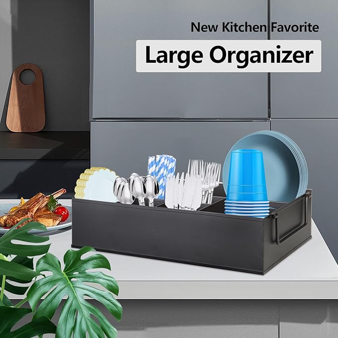 Paper Plate Dispenser Holders Utensil Caddy for Countertop,Outdoor Silverware Caddy, Picnic and Camping Utensil Holder, Flatware Organize with Handle for Party Gatherings, Metal (Black)