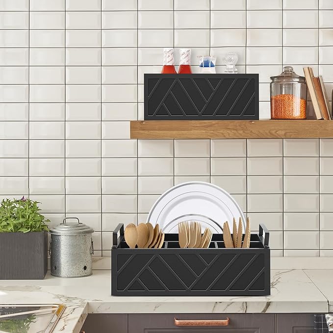 Paper Plate Dispenser with Cup Holder for Kitchen Countertop, Wood Paper Plate Holder Organizer for Cutlery, Silverware Caddy Utensil Caddy Condiment Caddy for Parties BBQ and Camping Accessories