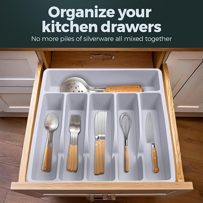 Silicone Silverware Drawer Organizer – Non-Slip Utensil Holder for Kitchen Drawers | Cutlery Tray for Forks, Knives, Spoons & More | Durable, BPA-Free, Easy to Clean – White