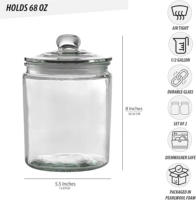Set of 3 Glass Jar with Lid Airtight Glass Storage Cookie Jar for Flour, Pasta, Candy, Dog Treats, Snacks & More | Glass Organization Canisters for Kitchen & Pantry | 30 Ounces