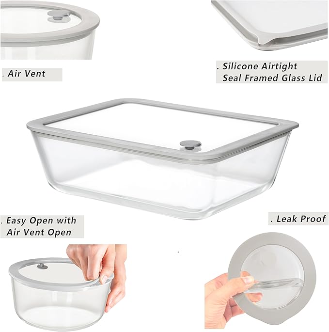 Glass Food Containers with Glass Lids, 3 Pack of Large Size, Microwave Safe Meal Prep Containers