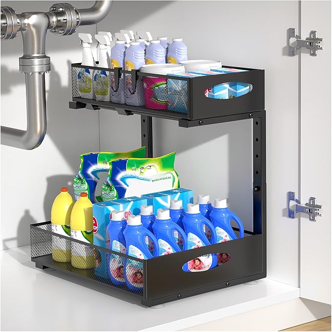 1 Pack Large Under Sink Organizer, 2 Tier Metal Pull Out Under Sink Storage with Sliding Mesh Drawers, Height Adjustable Slide Out Under Cabinet Organizer for Kitchen Bathroom, Black