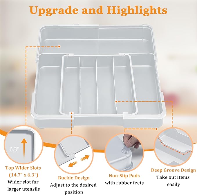 Homecor Kitchen Drawer Organizer, Expandable Silverware Drawer Organizer, Adjustable Utensil Organizer Tray, Cutlery Organizer for Forks, Knives, Kitchen Organizers and Storage, Grey