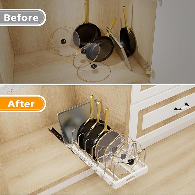 Pull Out Pots and Pans Organizer Under Cabinet, Sliding Lid Holder and Pan Rack in Kitchen, Slide Out inside Cabinet Storage for Pot Lid, Bakeware, Dishes, Pots and Pans Organizer, 1 Pack White