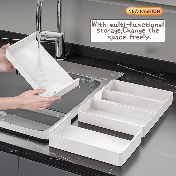 Utensil Organizer Silverware Drawer Organizer for Utensil Holder expandable in four directions W10.63∼20.08×D10.63∼20.08×H2 for Utensil Holder Makeup Desk Drawer Tool Organization (white)