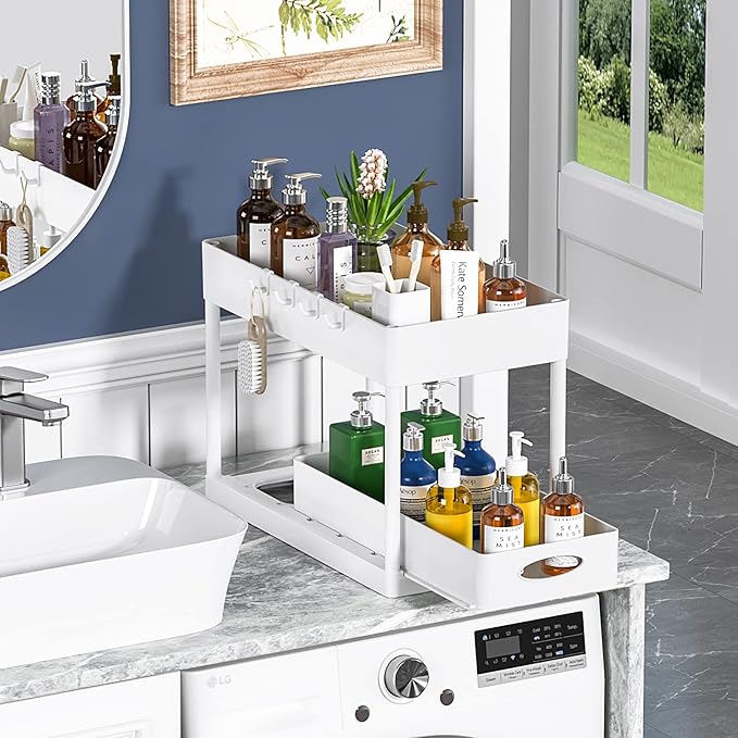 PUILUO 2 Set Under Sink Cabinet Organizer, 2 Tier Storage Under Cabinet Bathroom Under Sink Organizers and Storage Black Under Sink Storage for Bathroom Kitchen