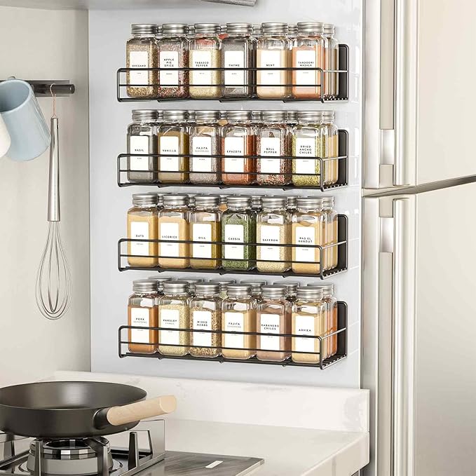 SpaceAid 4 Pack Magnetic Spice Rack with 48 Spice Jars, 400 Spice Labels and Funnel, Space Saving Refrigerator Fridge Oven Shelf Organizer