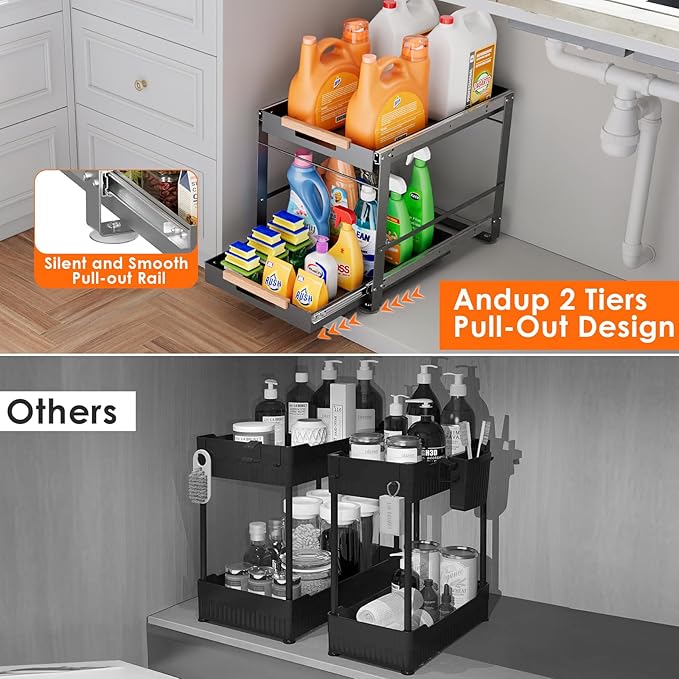 Under Sink Organizer, Pull Out Cabinet Organizer 2 Tier Slide Out Sink Shelf Cabinet Storage Metal Shelves, Sliding Under Sink Storage for Kitchen Bathroom Laundry Cabinet, Grey, 1 Pack (Gray)