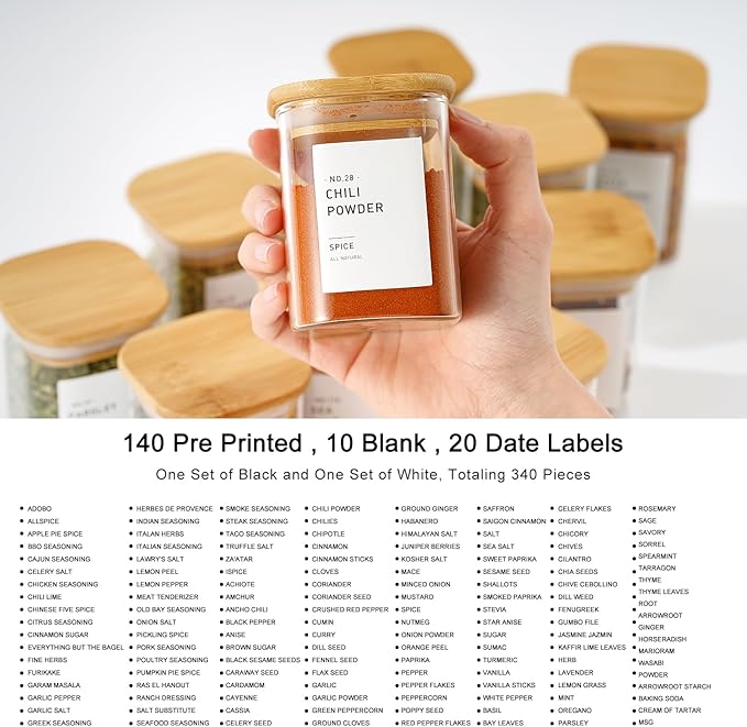 12Pcs Glass Spice Jars with Bamboo Airtight Lids, 6oz Spice Containers with 340 Preprinted Spice Labels of White and Black Color, Empty Seasoning Containers for Spice Salt Sugar Herb