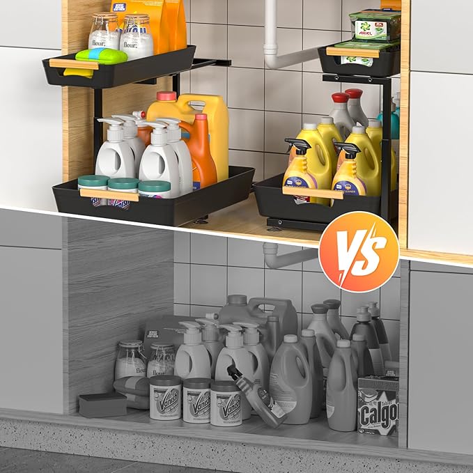 2 Pack Under Sink Organizer, 2 Tier Pull Out Under Sink Organziers and Storage, Height Adjustable Slide Out Under Sink Cabinet Organizer for Kitchen Bathroom Laundry