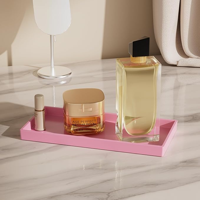 Vanity and Bathroom Tray, 9.8" ABS Countertop Organizer,Waterproof Vanity Tray for Toilet Tank,Perfume,Soap,Keys,Bathroom Accessories,Kitchen and Bath Trays,Non Slip Small Trays,Pink