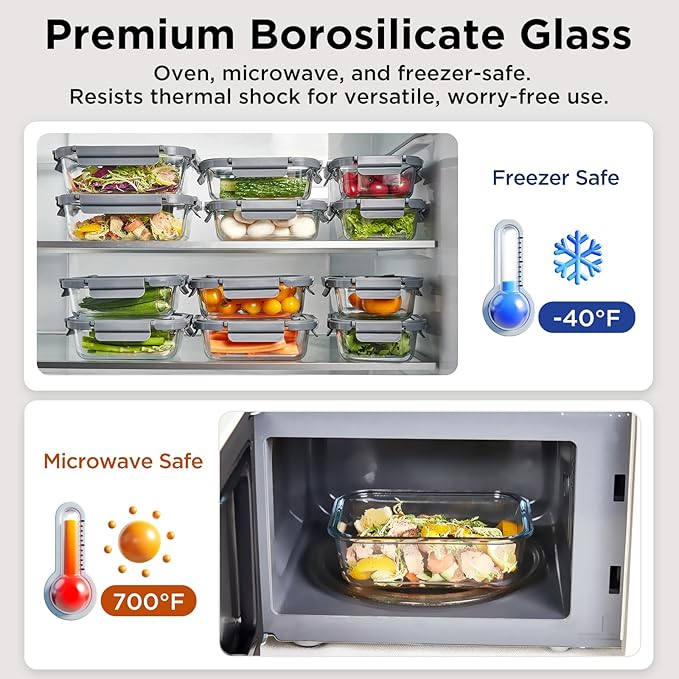 Glass Food Storage Containers with Glass Lids, 10 Pack of 21oz, Glass Meal Prep Container with Airtight Lids, Microwave Safe Food Container Set, BPA Free, LeakProof, Ideal for Lunch