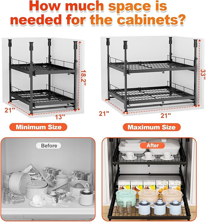 Adjustable 2-Tier Pull Out Cabinet Organizer, Expandable 13"-21" Wide, No-Drill Kitchen Cabinet Organizer for Pots and Pans, Smooth Slide-Out Shelves for Under Cabinet Storage – 21" Deep, Black
