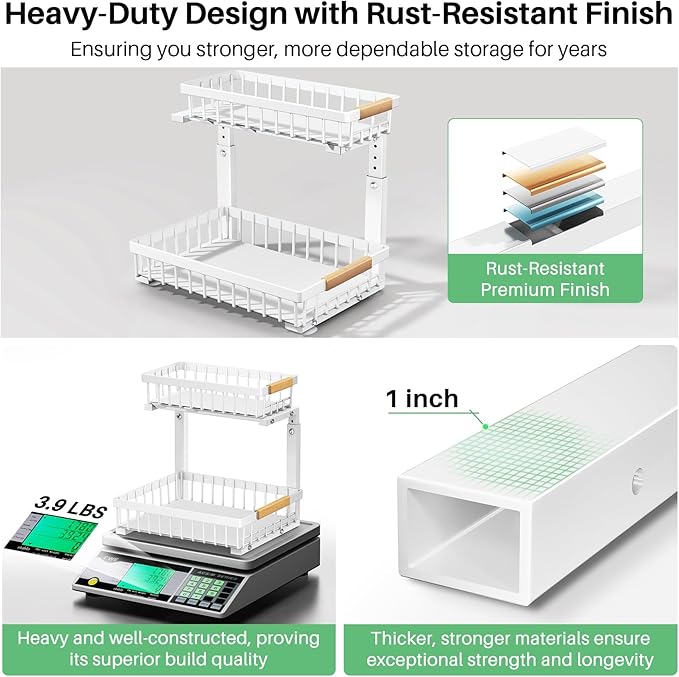 Pull out Cabinet Organizer, 1 Pack Under Sink Organizer, Slide out Metal Kitchen Cabinet Organizers Drawer Shelf, Sliding Storage Shelves for Kitchen Bathroom Pantry Closet Organization Rack(White)