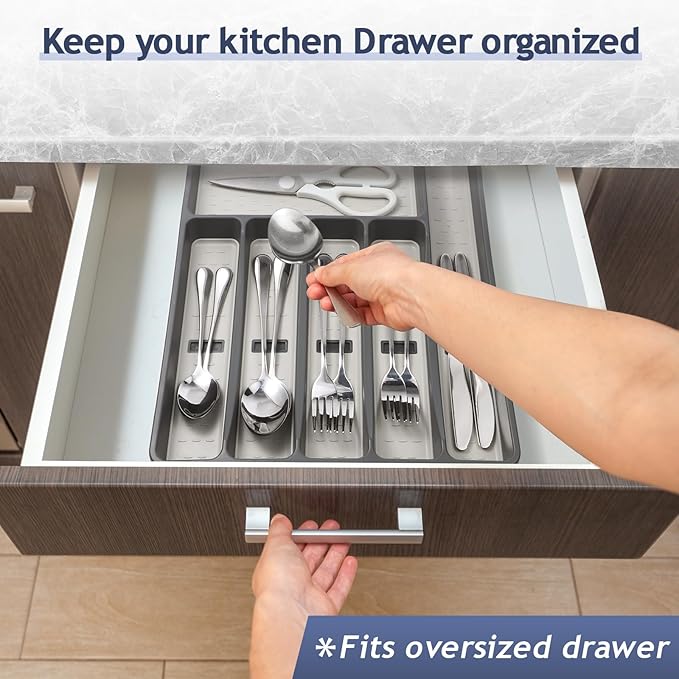 Silverware Organizer with Cutlery Icons,Silverware Tray for Kitchen Drawer,Plastic Flatware Tableware Cultery Drawer Organizer Utensil Organizer with Non-slip TPR Linings,6-Compartment