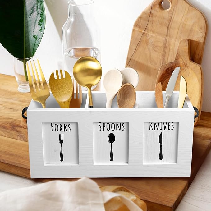 Wood Flatware Organizer, Rustic Utensil & Silverware Holder for Forks, Spoons, Knives, Farmhouse Kitchen Cutlery Caddy Bin Countertop - White