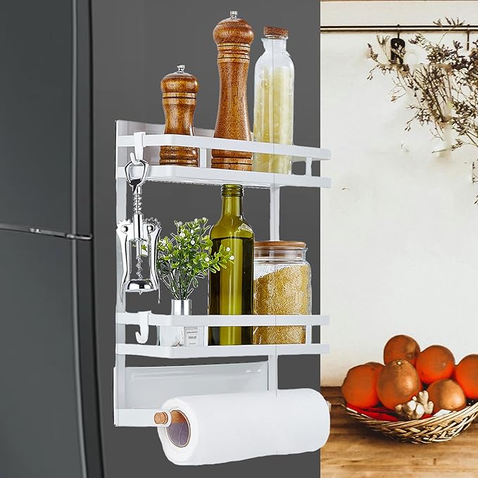 Magnetic Spice Rack for Refrigerator, Moveable Magnetic Paper Towel Holder Metal Fridge Organizer 8 Hooks for Kitchen Space Saving (White)