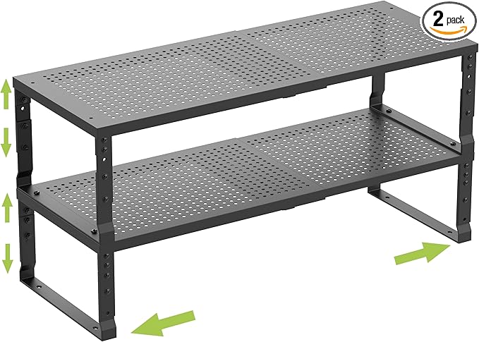 Expandable Cabinet Shelf Organizer Storage Spice Rack Shelves for Kitchen Stackable Adjustable Pantry Cupboard Bathroom Countertop Desktop(2Packs/Black/Medium-with Hole)