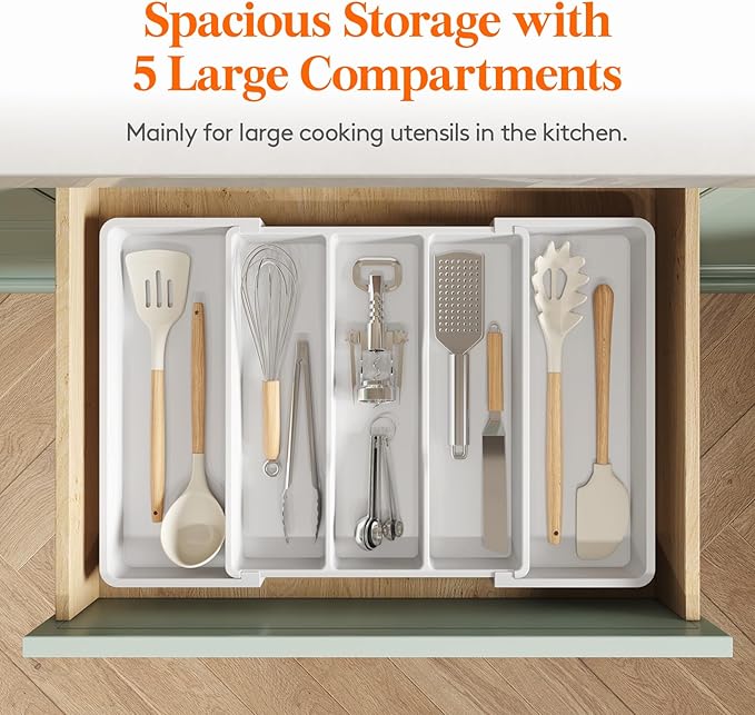 Lifewit Utensil Organizer for Kitchen Drawers, Expandable Cooking Utensil Tray, Adjustable Cutlery Silverware Flatware Holder, Plastic Kitchen Spatula Tools and Gadgets Storage Divider, Large, White