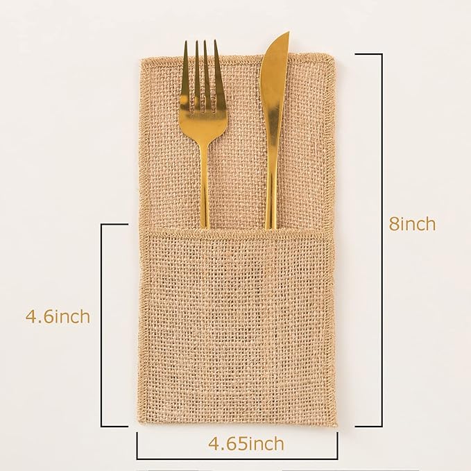 AOKQYA 10PCS Burlap Utensil Holder Pouch Rustic Jute Silverware Organizer for for Weddings, Picnics & Kitchen Reusable Cutlery Caddy with Pockets(Natural)