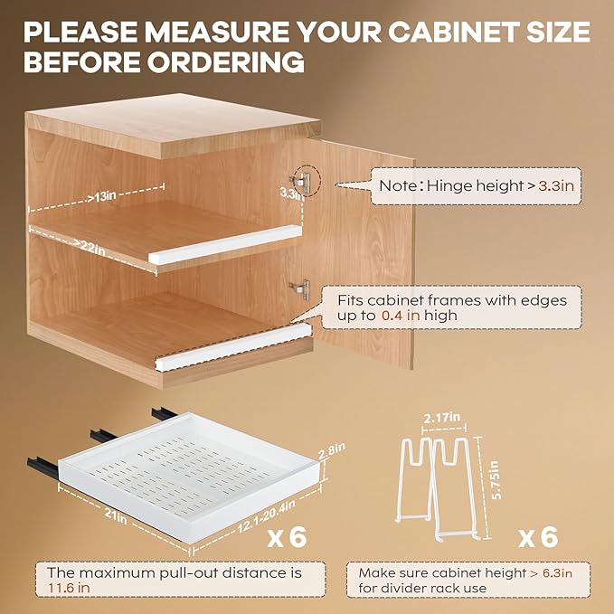 6 Pack Pull out Cabinet Organizer 21"Deep with Raising Pad for Framed Cabinets, Expandable Slide out Drawers for Kitchen Cabinets with 6pcs Divider Racks, Roll out Shelves 12.1"-20.4" W White
