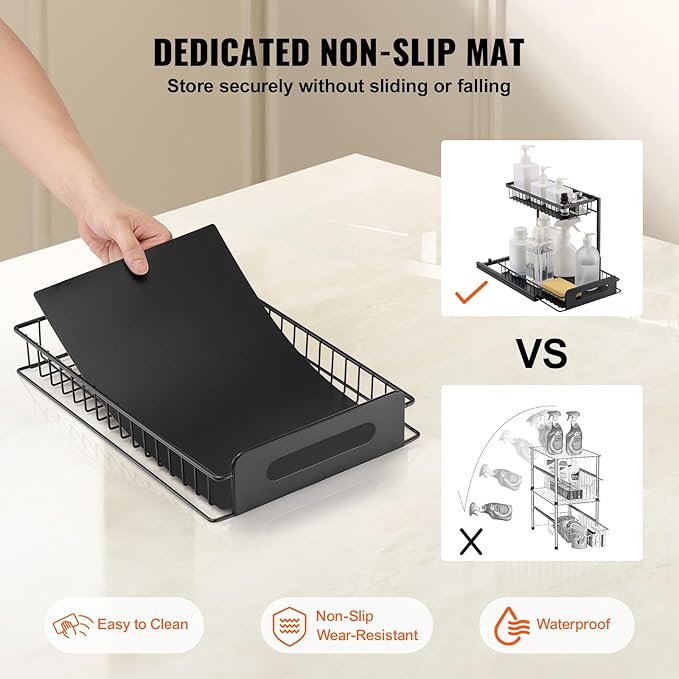 VEVOR 2 Tier Pull Out Cabinet Organizer(10.7"W x 14.2"D ), Under Sink Organizer and Storage, Slide Out Drawer Cabinet Organizer, Wire Basket Sliding Shelf for Kitchen Bathroom Cabinet, Black (2 Pack)