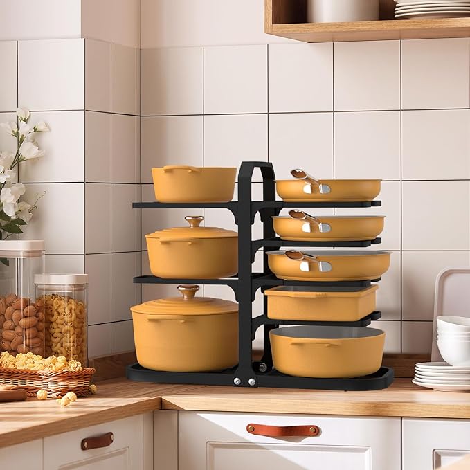 Podxco Pot and Pan Organizer for Under Cabinet, Thickened 8-Tier Adjustable Heavy Duty Pot Organizers Inside Cabinet, Rust-Resistance Pan Organizers Inside Cabinet for Cast-iron Pans, Heavy Skillets