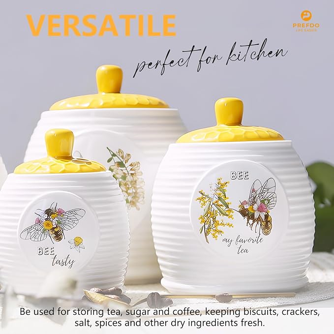 Kitchen Storage Canisters Honey Bee & Flower Pattern Ceramic Tea Coffee Sugar Storage Canister Jar with Airtight Lid for Home Modern Kitchen, 300ml/10oz, Small