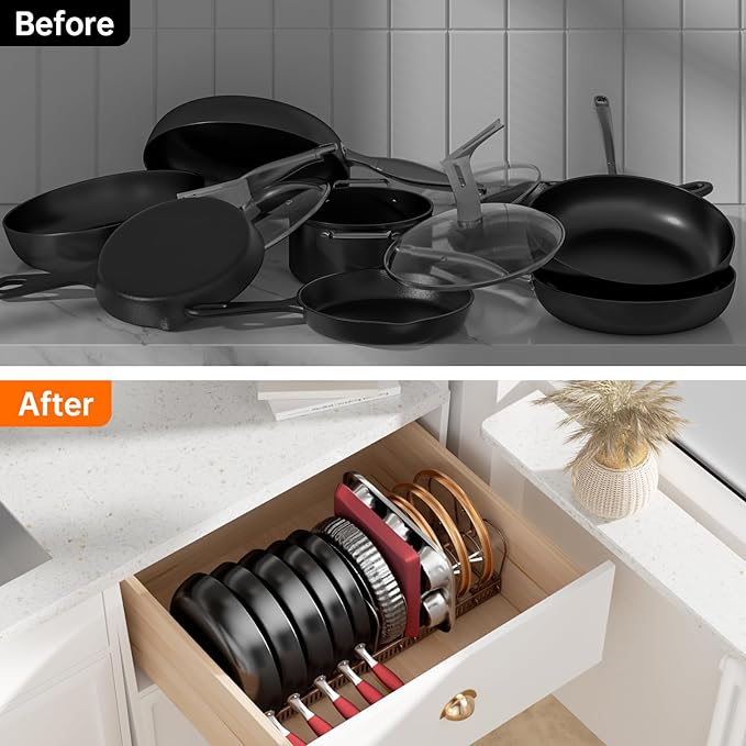 MUDEELA Pots and Pans Organizer under Cabinet, Expandable Pan Organizers inside Cabinet with 12 Adjustable Dividers, Kitchen Cabinet Organizers and Storage for Cutting Board, Cast-iron Pan