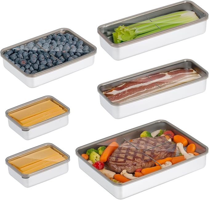 Multi size Bacon Cheese Container for Refrigerator,Large 304 Stainless Steel Airtight Deli Meat Storage Container,Kitchen Storage Containers Set for Home, Travel, Work, Party, Leftovers (6)