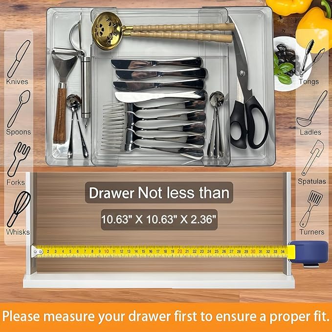 Expandable Adjustable Kitchen Drawer Organizer - Clear Multi-Purpose Tray for Silverware, Cutlery, Utensils, Stationery, Home Office Tools - Customizable Storage for Forks,Knives,Spoons,Pens