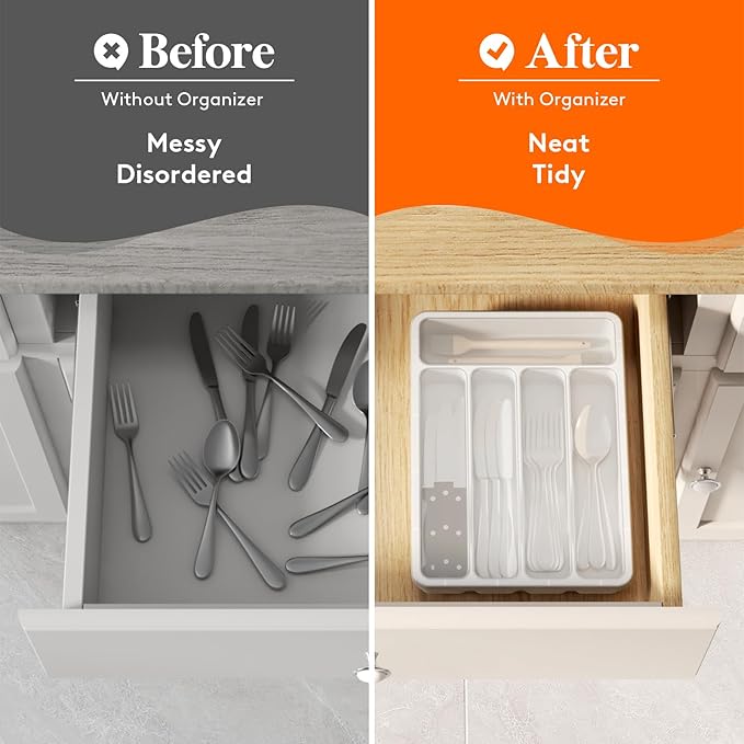 Lifewit Silverware Organizer with Lid, Covered Utensil Tray for Kitchen Drawer and Countertop, Plastic Cutlery and Flatware Storage Box for Spoons Forks Knives Holder Case, 5 Compartments, White