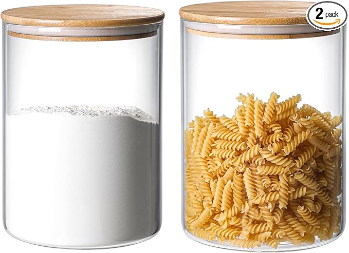 2 Sets 3000 ML/100 FL OZ Clear Glass Storage Canister Holder with Airtight Bamboo Lid, Extra Large Container Jar for Flour Sugar Coffee Loose Tea Rice Cookie Cereal Pasta Spaghetti Protein Powder