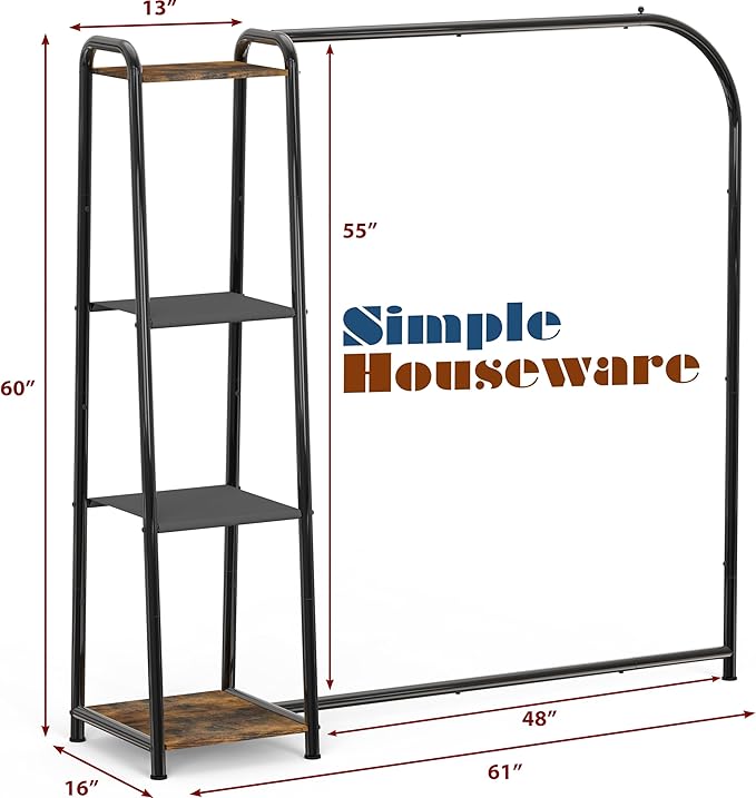 Simple Houseware Heavy Duty Clothing Garment Rack with 4 Shelves, Portable Closet Organizer for Hanging Clothes, Black