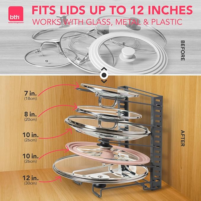 BTH Adjustable Pot Lid Organizer for Cabinet - Kitchen Storage Rack with 6 Adjustable Shelves, Pot Lid Holder, Pan and Pot Rack Organizer, Perfect for Pantry & Inside Cabinet Organizer