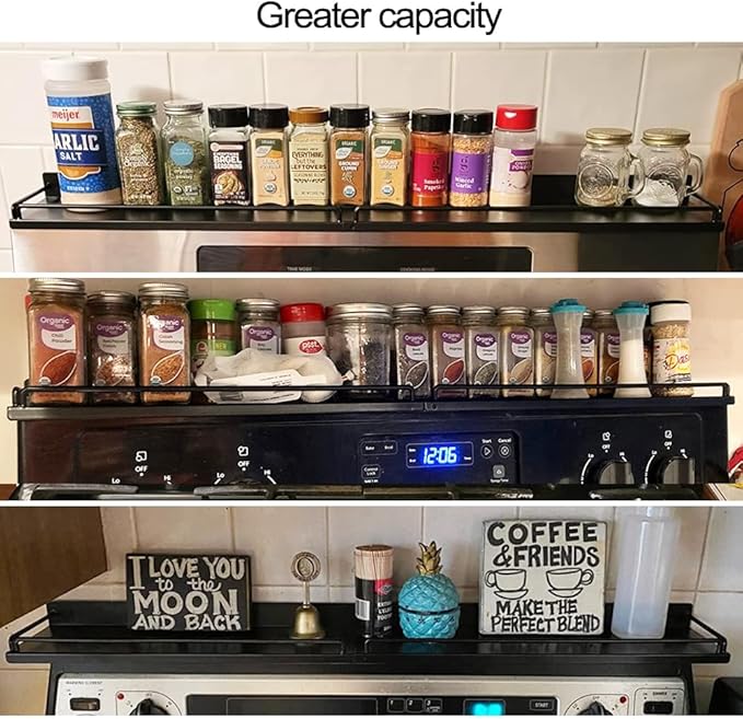 30''Stove Top Shelf for Kitchen Stove, Stainless Steel Magnetic Spice Over the Stove Rack Flat Organizer Black