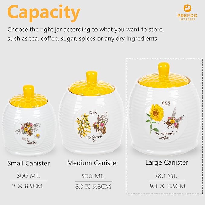 Kitchen Storage Canisters Honey Bee & Flower Pattern Ceramic Tea Coffee Sugar Storage Canister Jar with Airtight Lid for Home Modern Kitchen, 780ml/26oz, Large