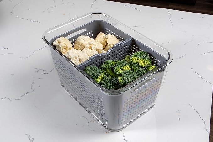 Kitchen Spaces Colander Bin, Produce Saver, Fridge Organizer With Lid, Wash, Strain and Store, Great for Refrigerator, Freezer and Pantry, Large, Gray, Pack of 1
