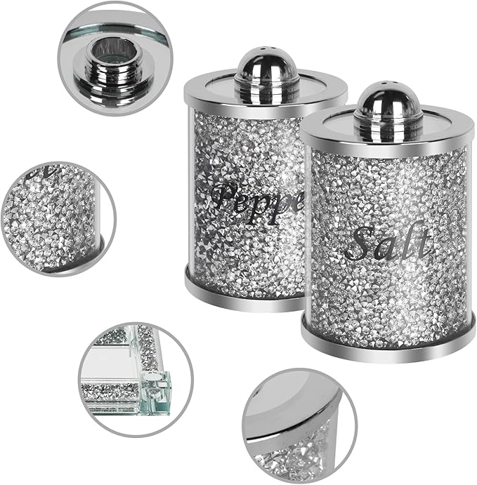 Crystal Salt and Pepper Shakers Set with Tray,Sparkly Crystal Crushed Diamond House Decor for Kitchen,Bling Salt Pepper Jar Container Pot for Countertop,saleros para cocina elegantes,Silver