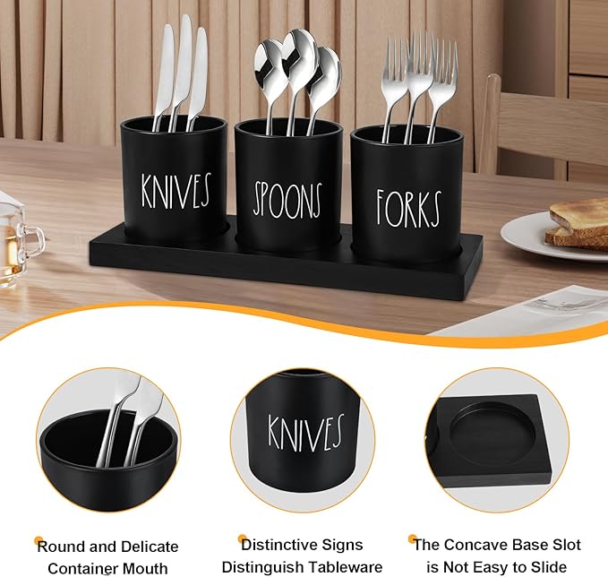 Silverware Caddy, 4 Pieces Kitchen Utensil Holder for Countertop, Black Utensil Holder for Party, Silverware Holder for Party with Wood Tray, Farmhouse Cutlery Holder Storage Organizer