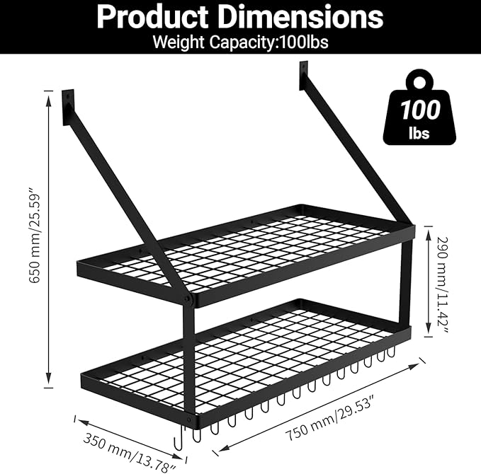 Square Grid Wall Mount Pot Rack with 2-Tier 15 Hooks, Kitchen Cookware Hanging Organizer Storage Shelf, 29.5 by 13.7-inch Black, KPR300B-BK
