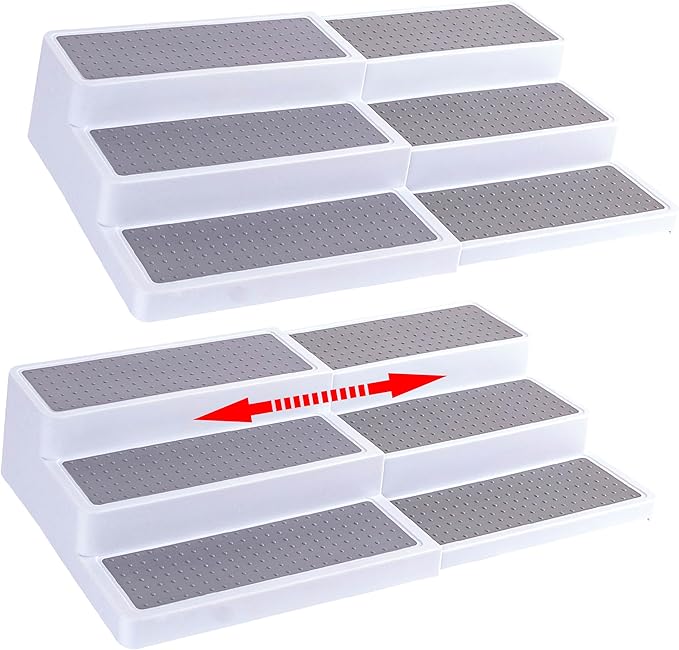 Oizeir Plastic 3-Tier Expandable Spice Rack, Adjustable Length, Stability with Non-Skid Shelf, For Easy Visibility, Organizer for Kitchen Cabinet, Pantry or Countertop, (2-Pack), White/Grey
