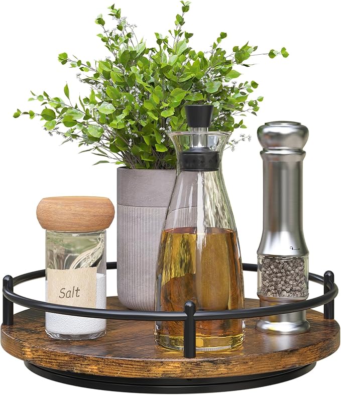 Lazy Susan Organizer:9 Inch Rotating Spice Rack for Kitchen Countertop Round Wooden Turntable Holder for Cabinet, Dining Table, Cupboard Storage – Black