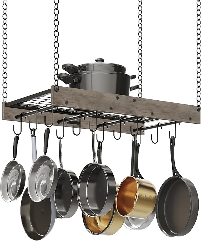 Hanging Pot Rack, Vintage Pot Hangers for Kitchen, Ceiling Mounted Pot Rack, Pot and Pan Hanging Rack with 12 S-Shaped Hooks, for Cookware Storage, Greige and Black TPR01BG