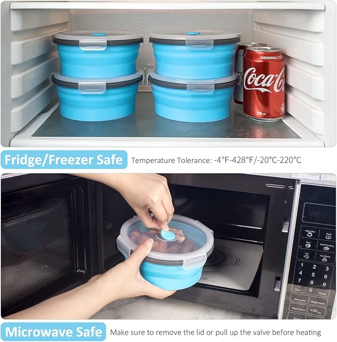 Collapsible Food Storage Containers Round with Airtight Lid, 27 oz, Kitchen Stacking Silicone Collapsible Meal Prep Container Set for Leftover, Microwave Freezer Dishwasher Safe, Blue, Set of 4